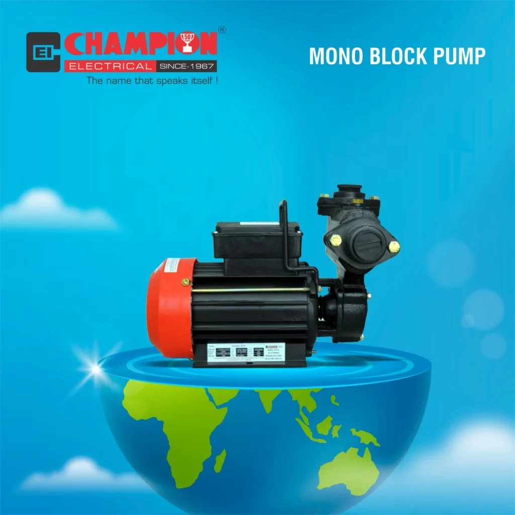Champion Electrical mono block water pump displayed on a blue background with stylized water imagery.